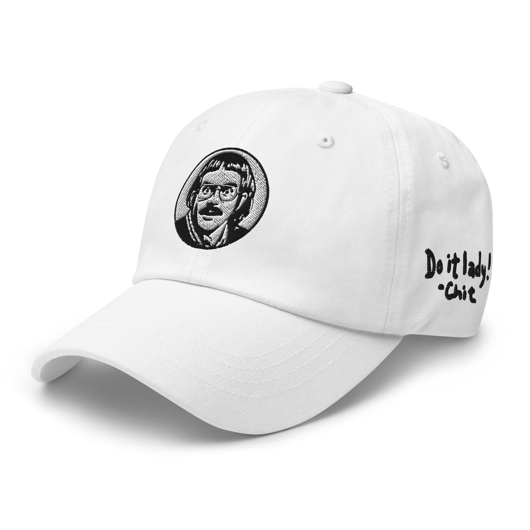 White cap featuring Chit Do It Lady embroidery and a unique graphic design