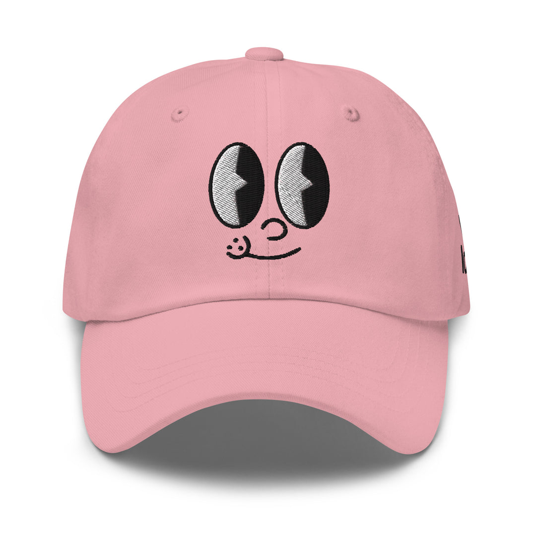 Fluid Identity Pink Cap with Cartoon Eyes Design for Urban Streetwear Apparel Enthusiasts