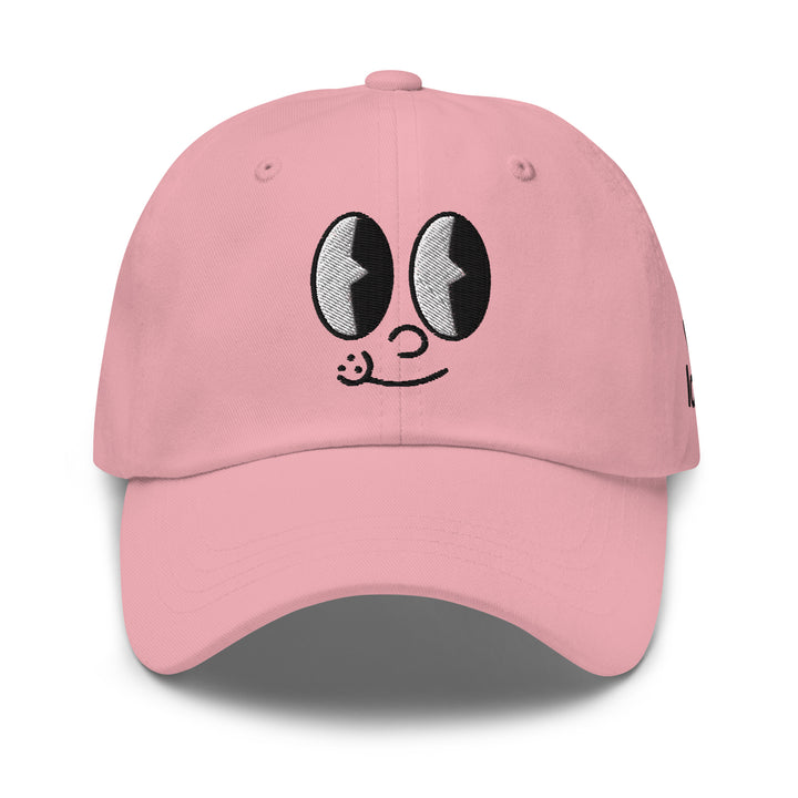 Fluid Identity Pink Cap with Cartoon Eyes Design for Urban Streetwear Apparel Enthusiasts