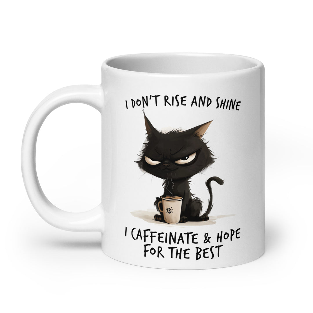 Funny Satire Coffee Mug featuring a grumpy cat design with the text I don't rise and shine