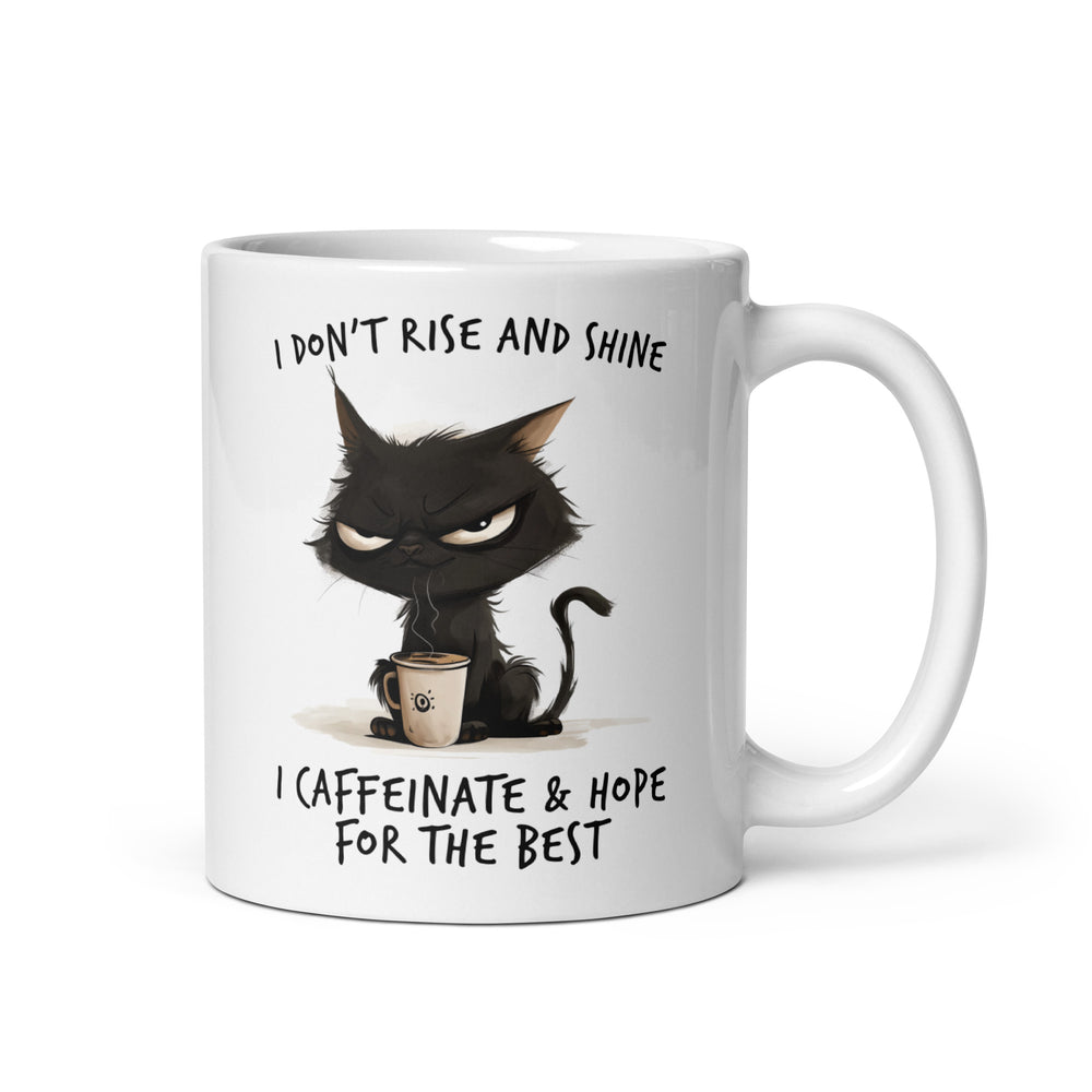 Funny Satire Coffee Mug featuring a grumpy cat with the phrase about caffeine and hope