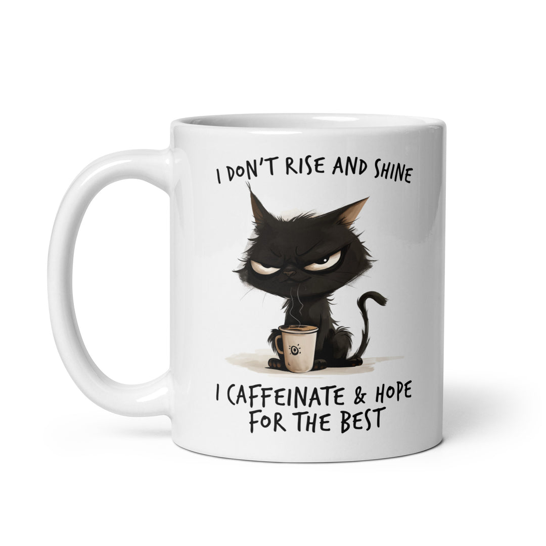Funny Satire Coffee Mug featuring a grumpy cat illustration with a humorous quote about caffeine