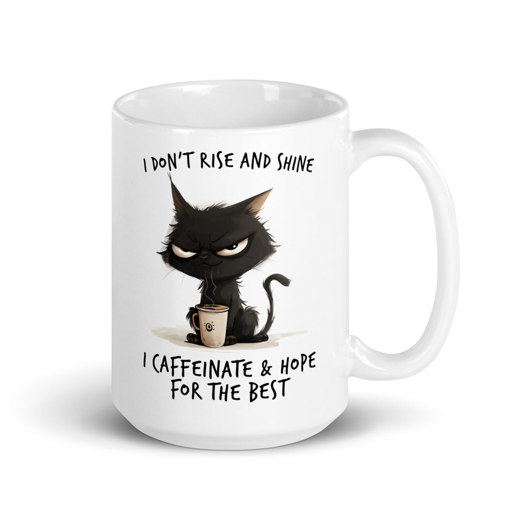 Funny Satire Coffee Mug with a grumpy cat design and witty text for coffee lovers