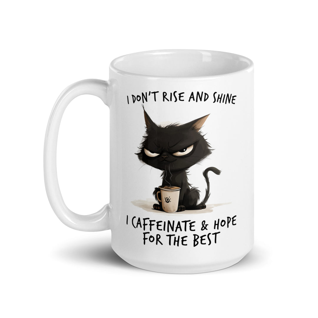 Funny Satire Coffee Mug featuring a grumpy cat with a coffee cup and humorous text
