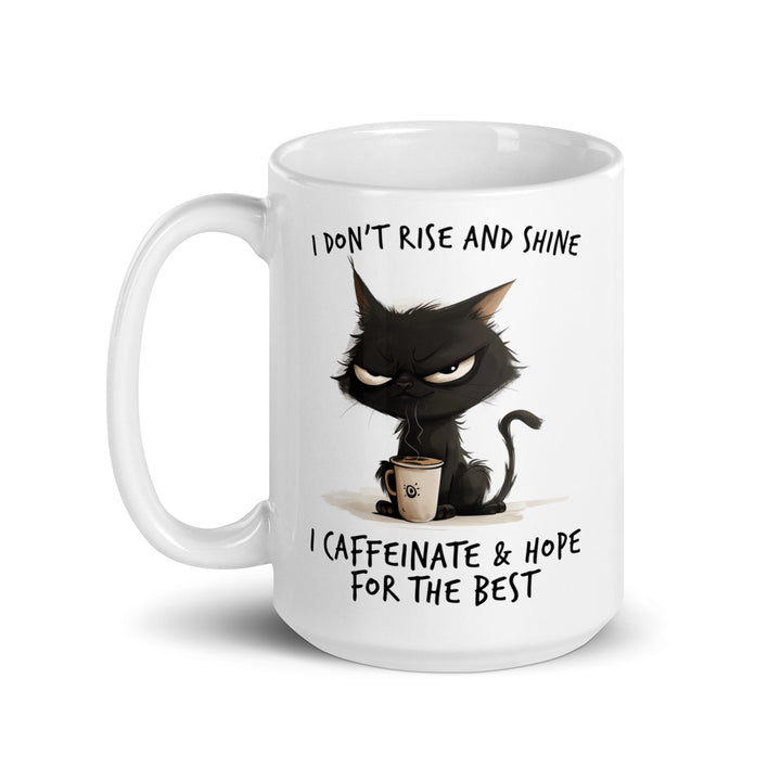 Funny Satire Coffee Mug featuring a grumpy cat with a coffee cup and humorous text