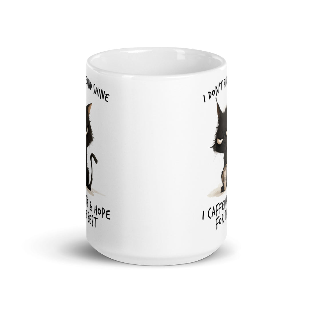 Funny Satire Coffee Mug featuring quirky cat illustrations and humorous text for a playful morning vibe