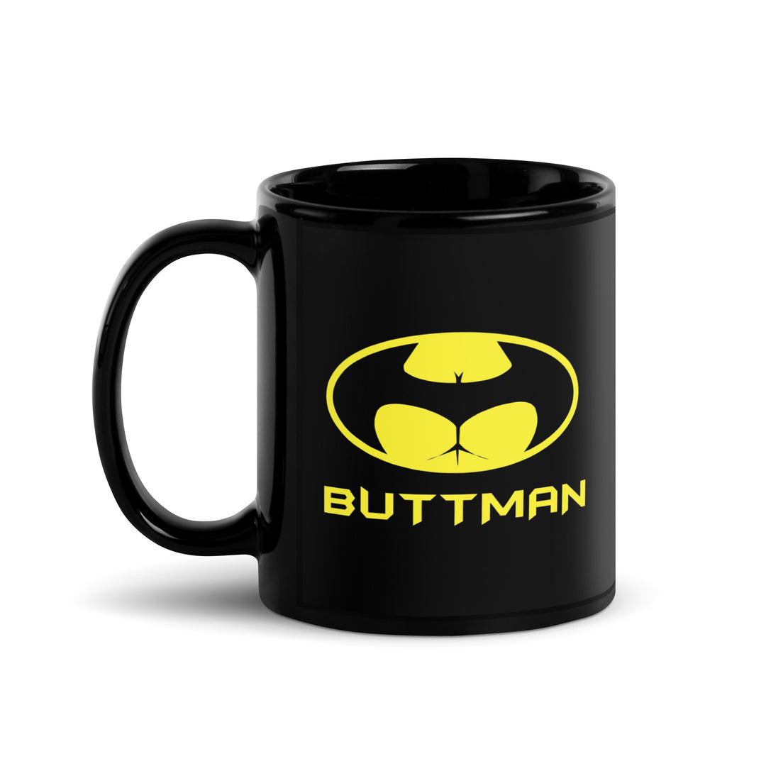 Funny Satire Coffee Mug featuring a humorous Buttman logo on a black background
