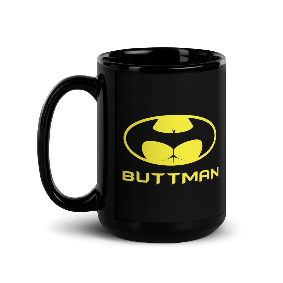 Funny Satire Coffee Mug featuring a playful Buttman design in bold yellow on a black background