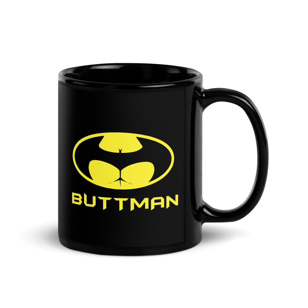 Funny Satire Coffee Mug featuring a humorous Buttman logo on a black background