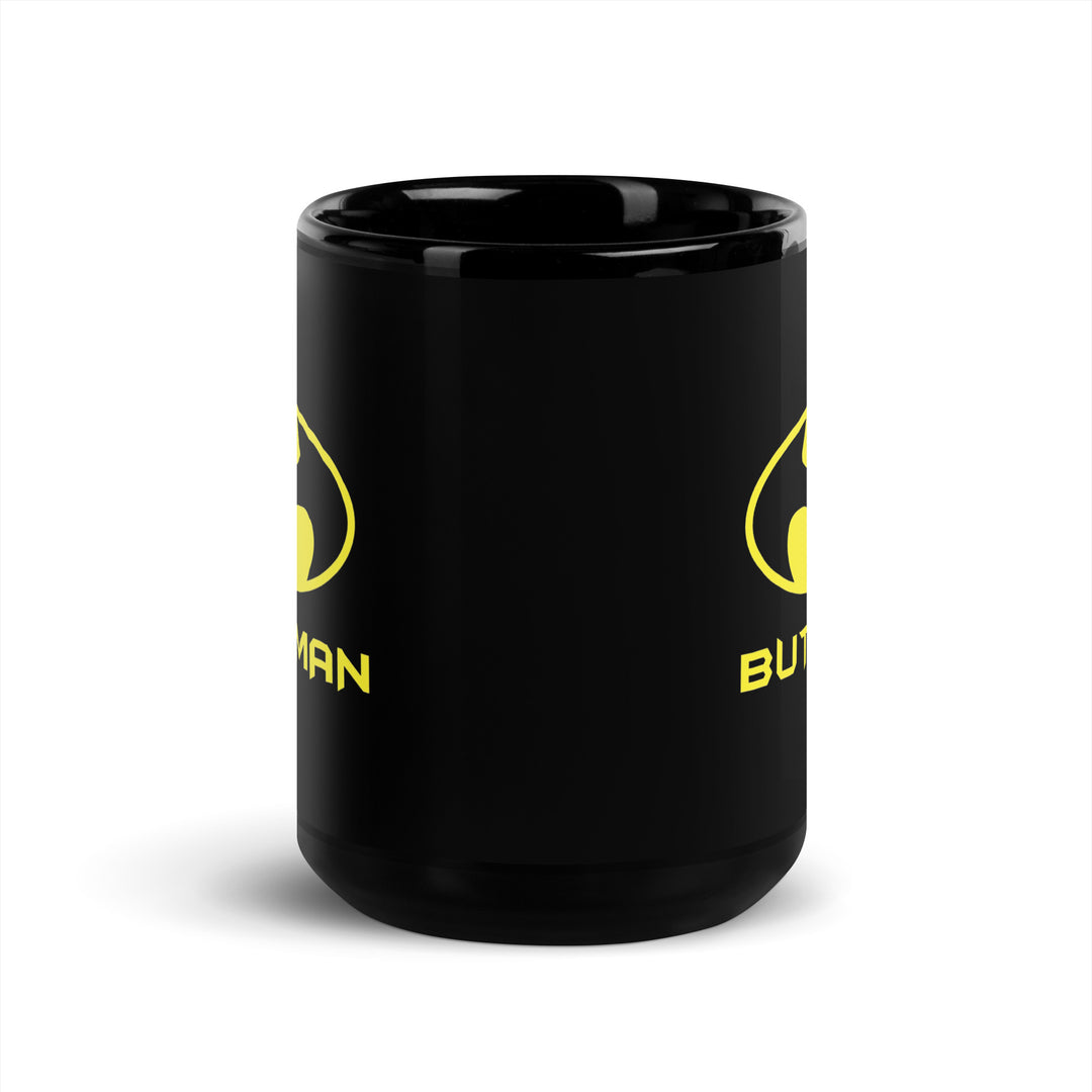 Black Funny Satire Coffee Mug with Yellow Batman Logo for Humor Lovers