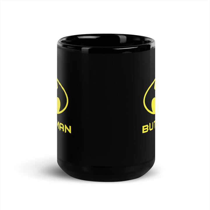 Black Funny Satire Coffee Mug with Yellow Batman Logo for Humor Lovers