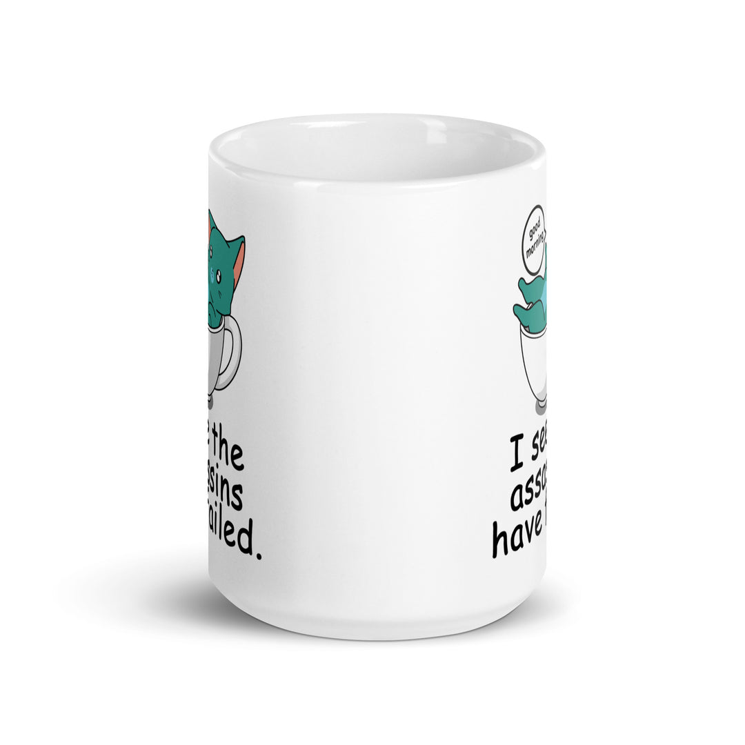Funny Satire Coffee Mug featuring a cartoon cat with humorous text for a lighthearted coffee experience