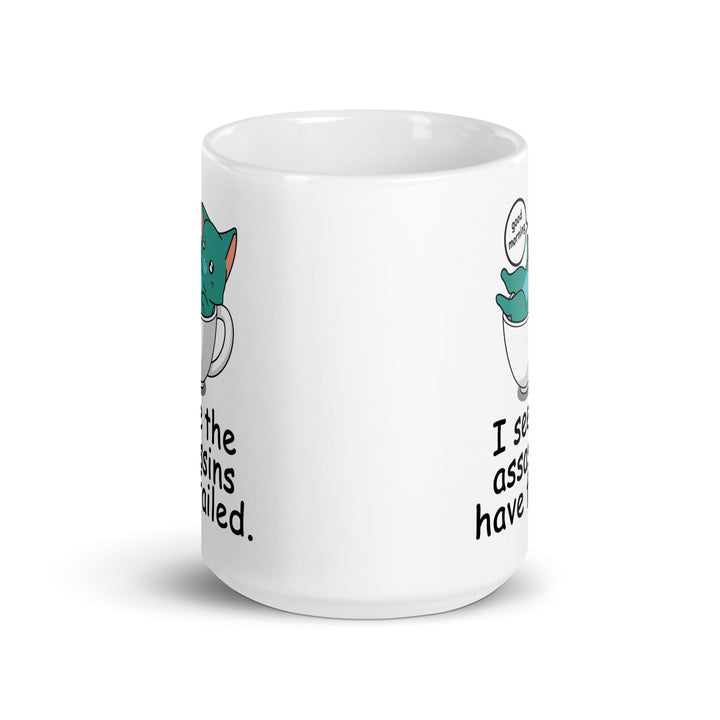 Funny Satire Coffee Mug featuring a cartoon cat with humorous text for a lighthearted coffee experience