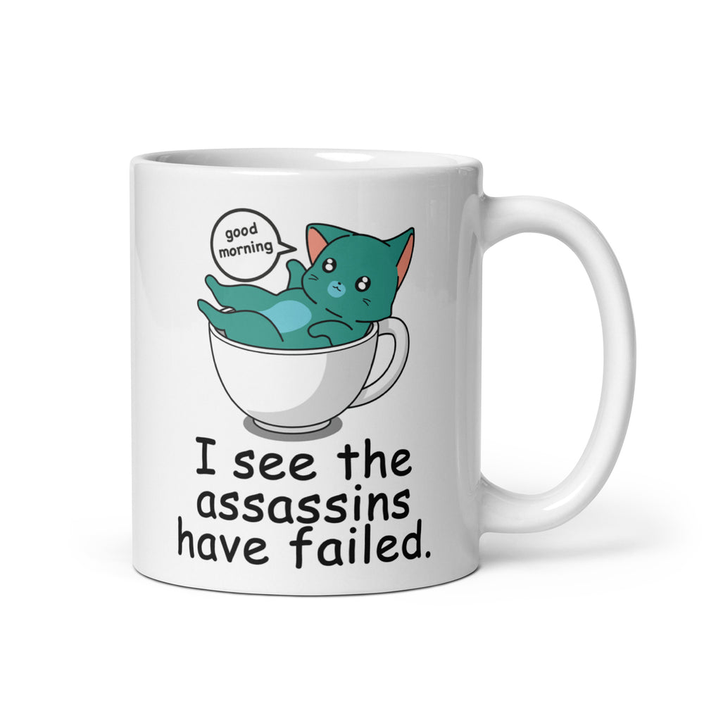 Funny Satire Coffee Mug featuring a cute cat relaxing with the text the assassins have failed
