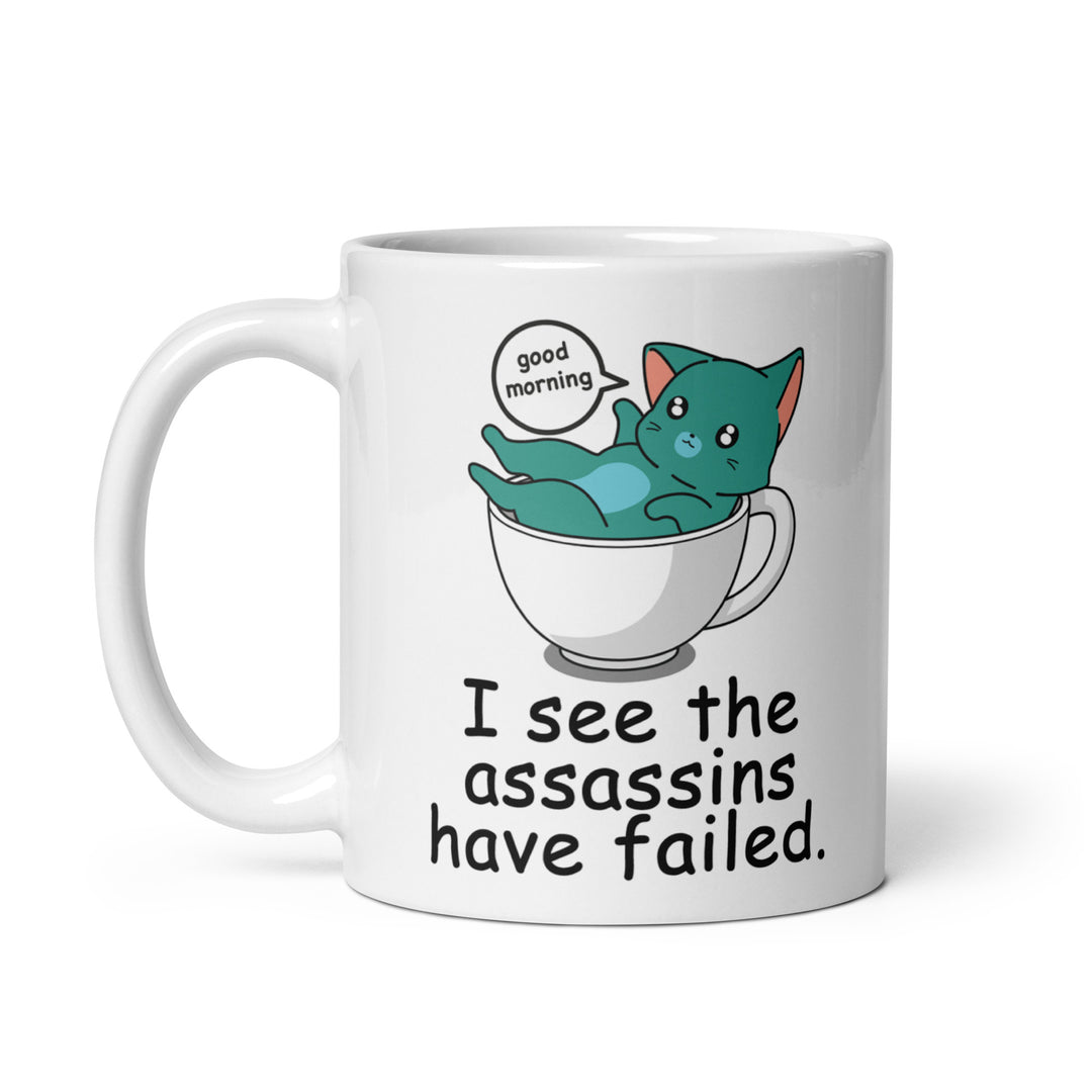Funny Satire Coffee Mug featuring a cartoon cat with a humorous quote about assassins
