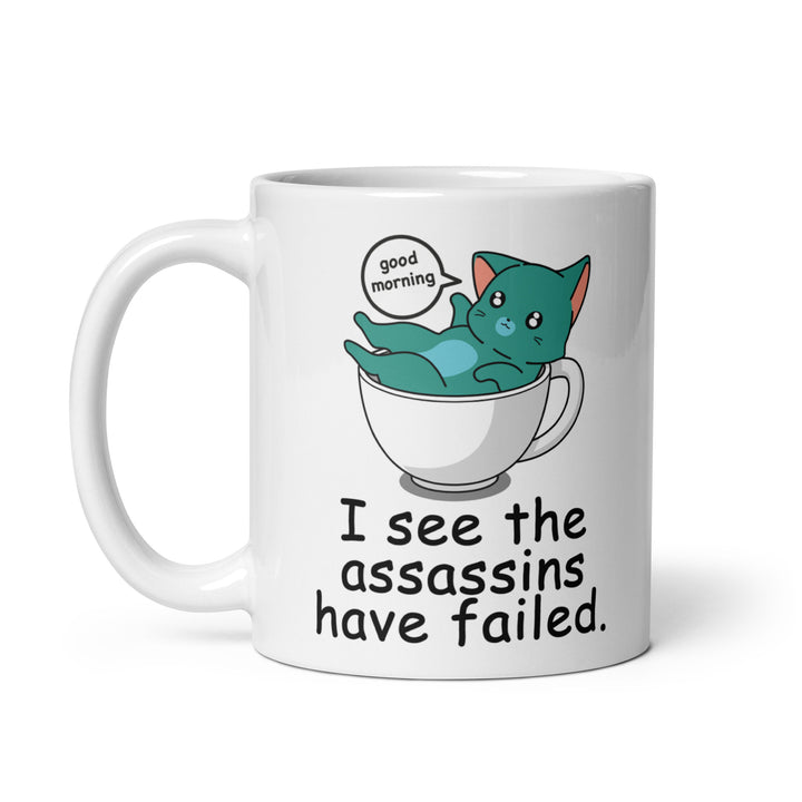 Funny Satire Coffee Mug featuring a cartoon cat with a humorous quote about assassins
