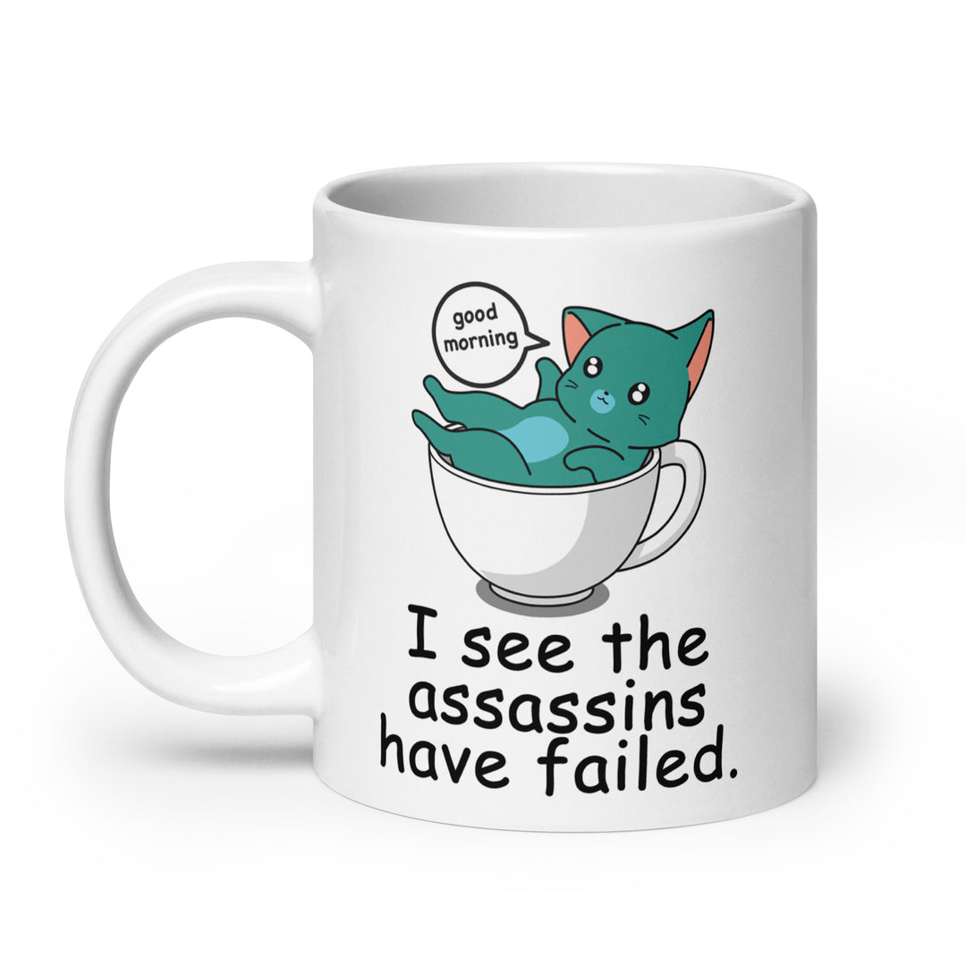 Funny Satire Coffee Mug featuring a cat in a cup with a humorous message about assassins