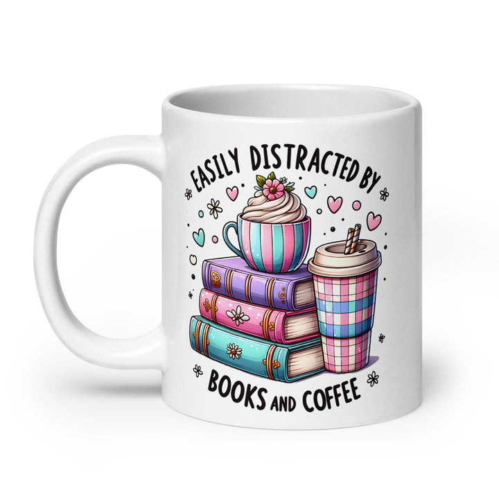 Funny Satire Coffee Mug featuring a design with books, coffee cups, and a cupcake illustration