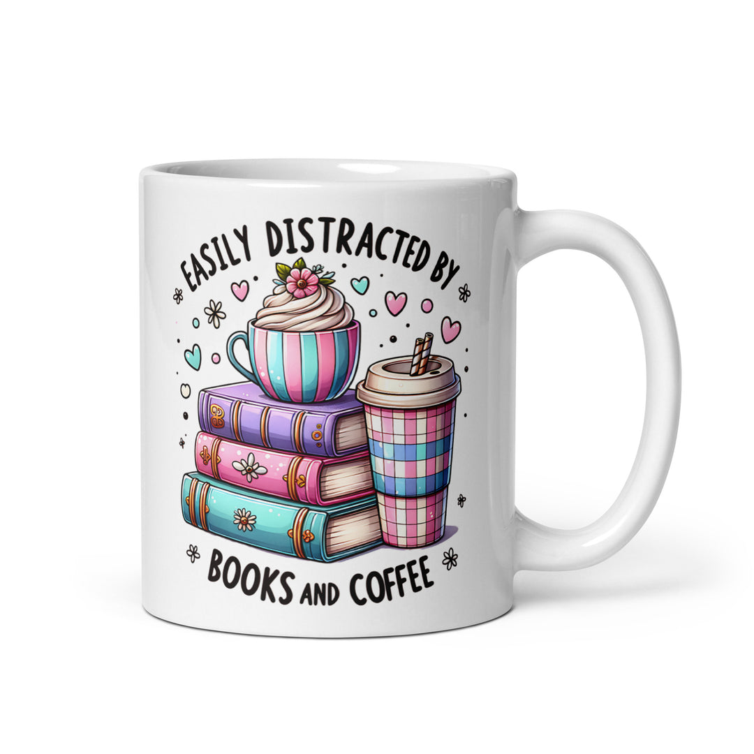 Funny Satire Coffee Mug featuring a cupcake, books, and coffee cup design for book lovers