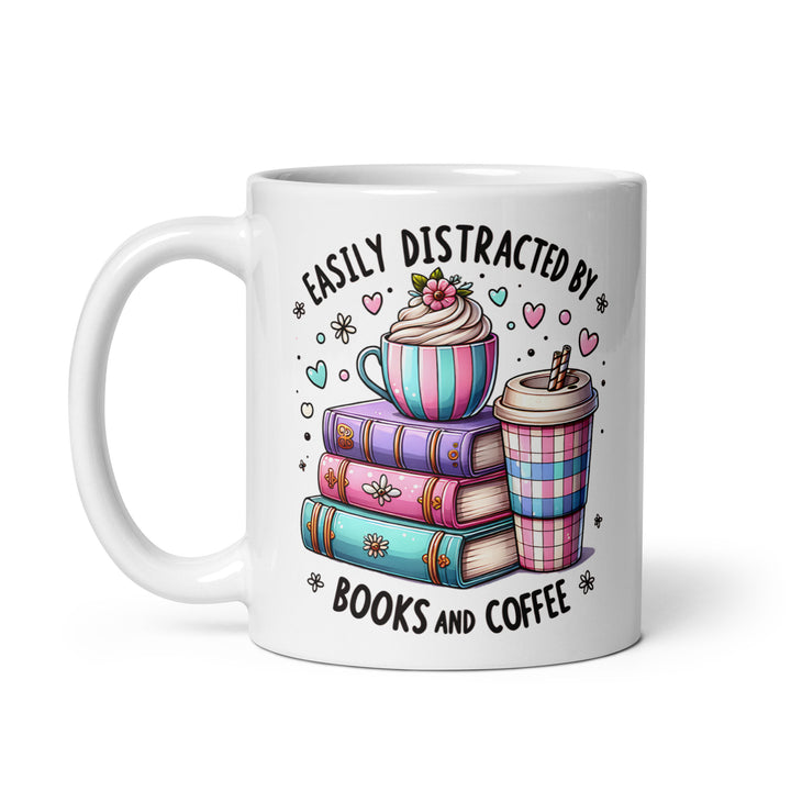 Funny Satire Coffee Mug featuring colorful books and coffee cups with a playful quote