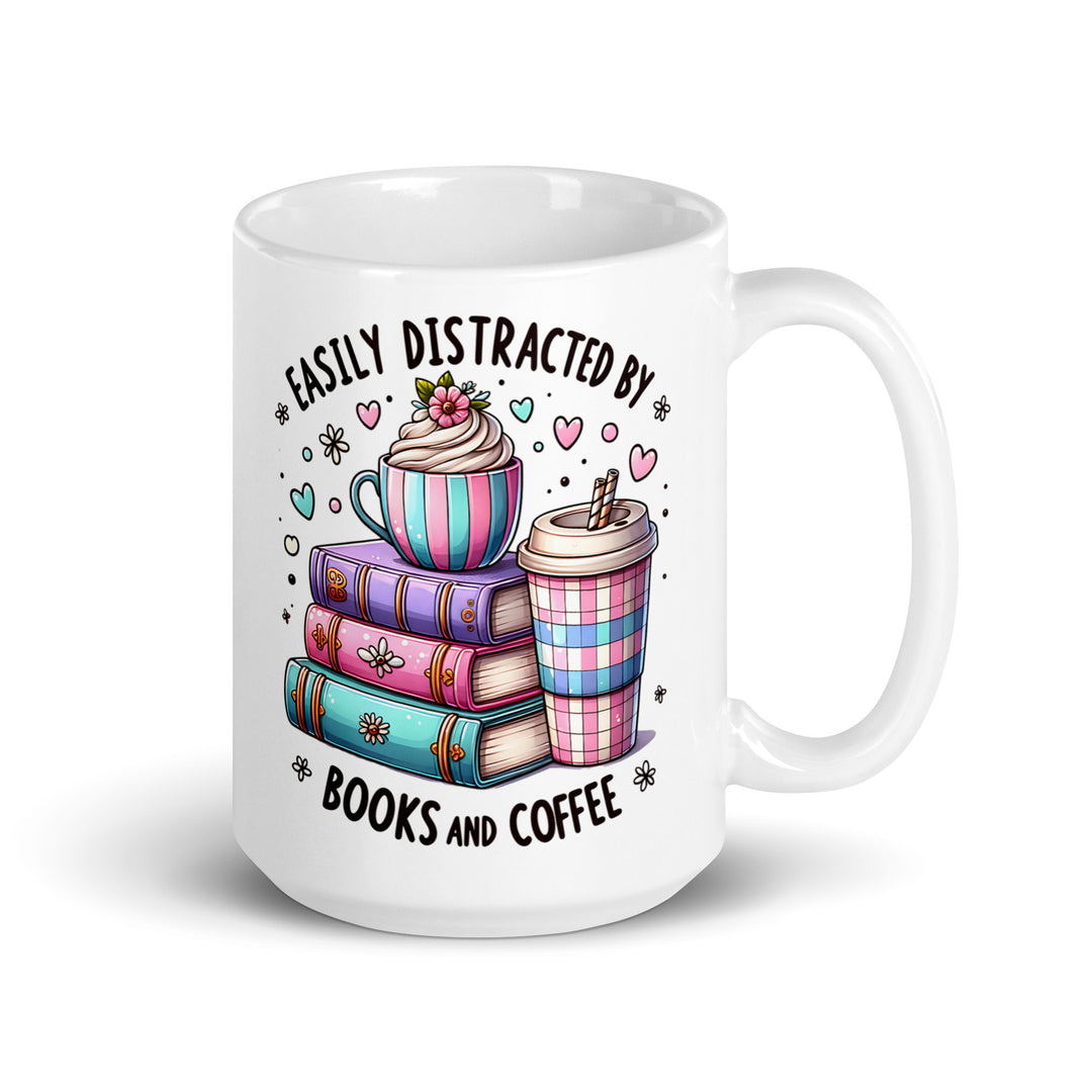 Funny Satire Coffee Mug featuring a design of books and coffee cups with the phrase Easily Distracted By Books And Coffee