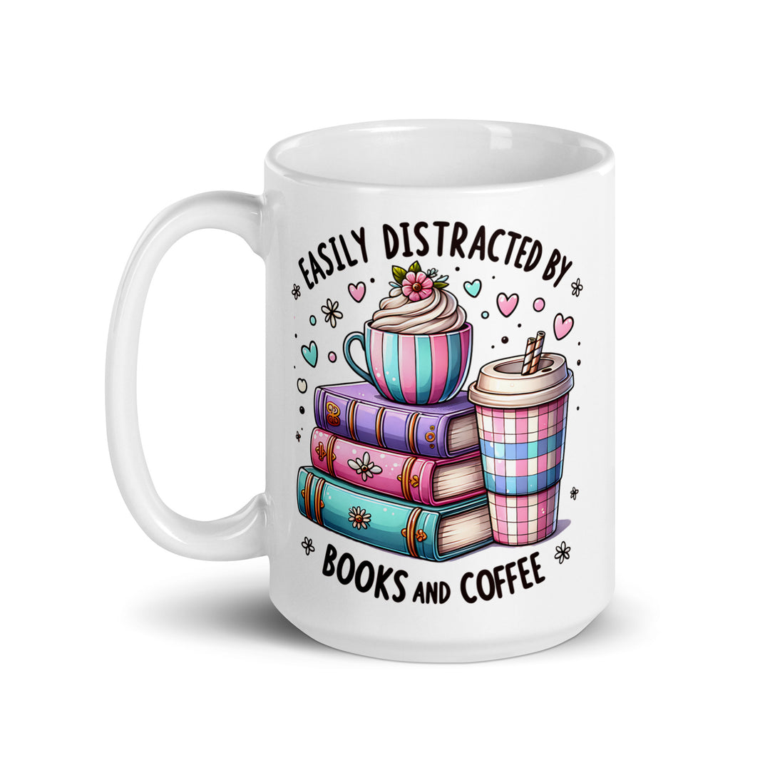Funny Satire Coffee Mug featuring colorful coffee cups and stacked books illustration