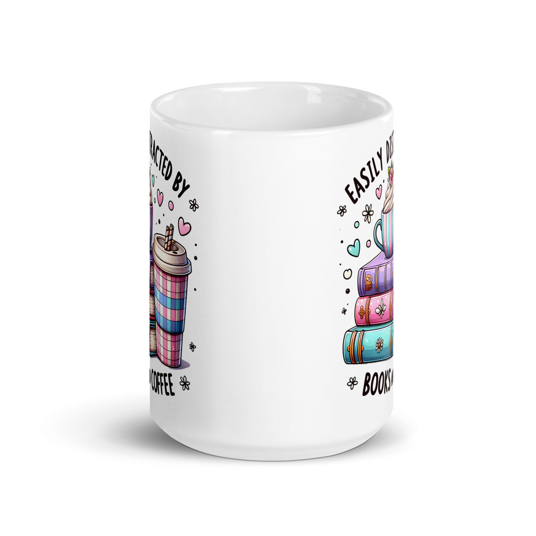 Funny Satire Coffee Mug with Colorful Books and Coffee Illustration for Book Lovers