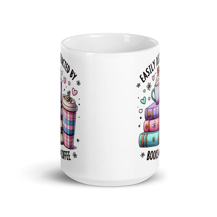 Funny Satire Coffee Mug with Colorful Books and Coffee Illustration for Book Lovers