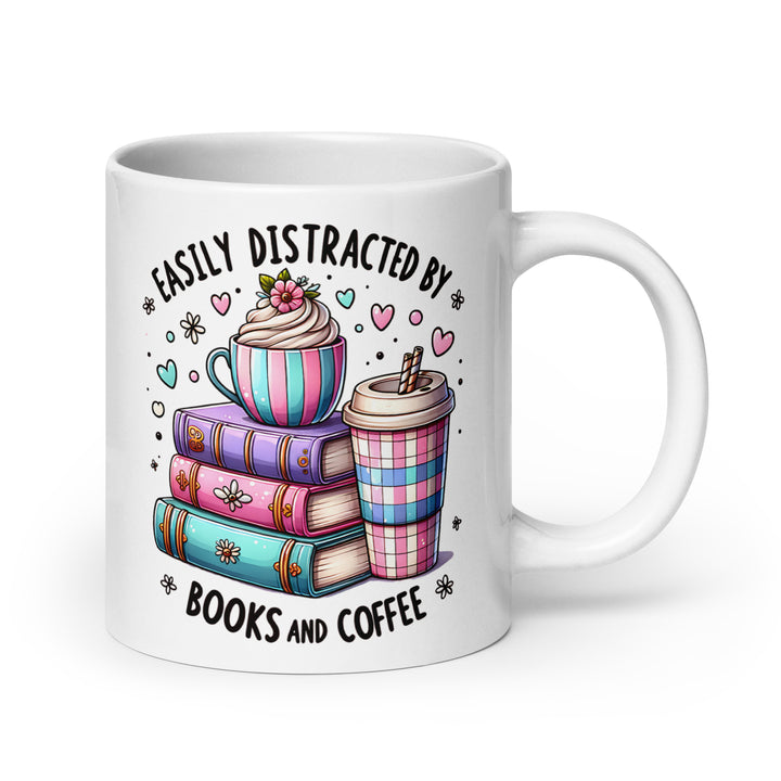 Funny Satire Coffee Mug featuring colorful books and coffee cups with a whimsical design