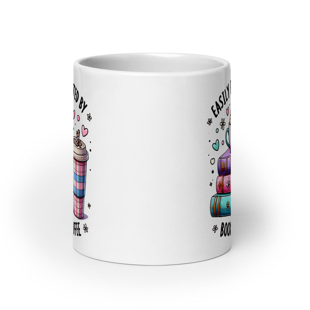 Funny Satire Coffee Mug featuring colorful coffee and stacked books design for book lovers