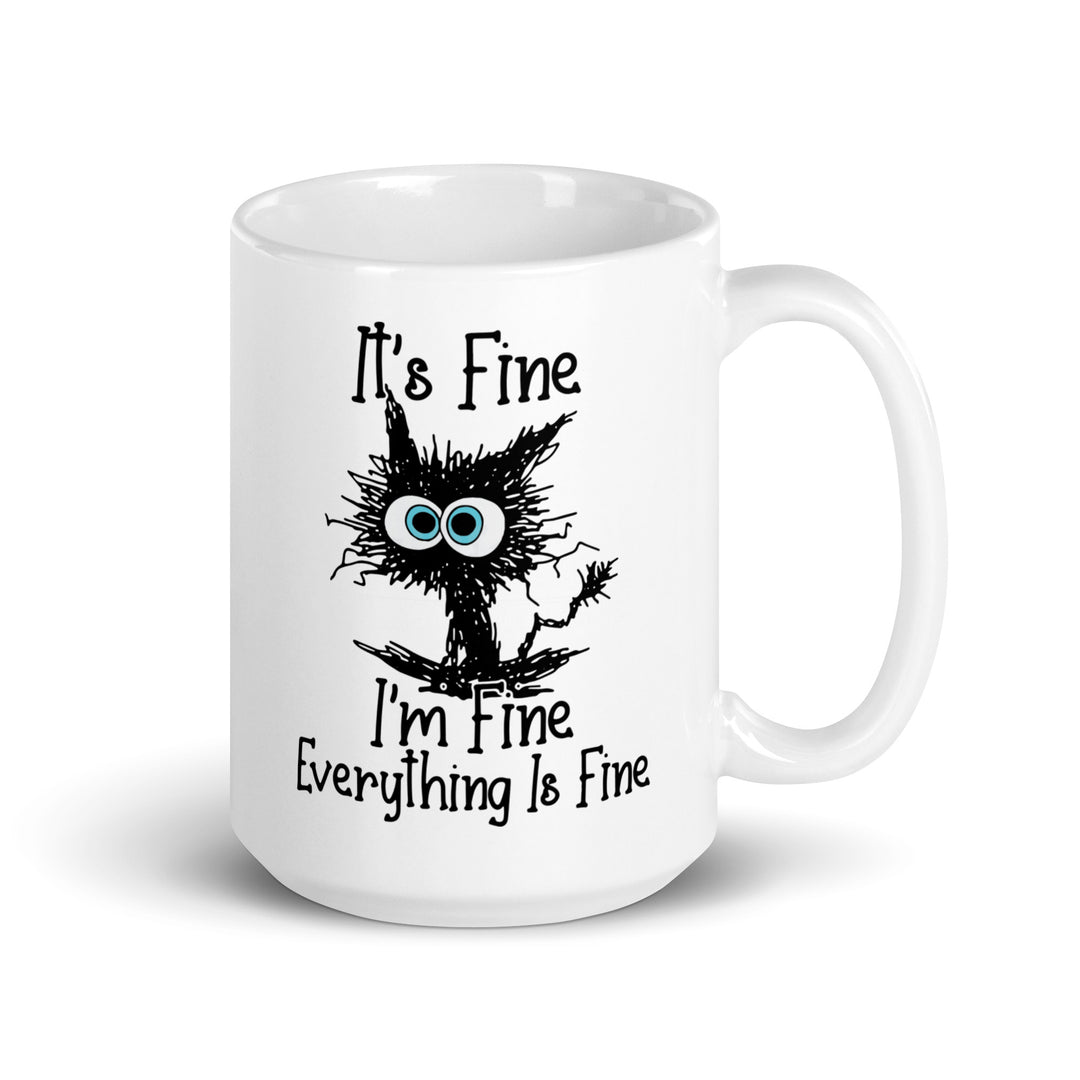 Funny Satire Coffee Mug featuring a cartoon character with text I'm Fine Everything Is Fine