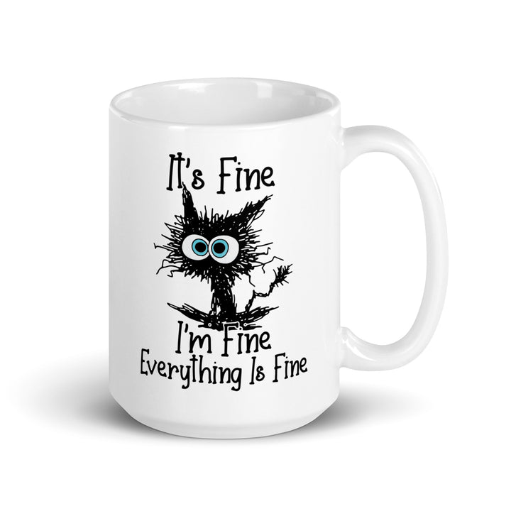 Funny Satire Coffee Mug featuring a cartoon character with text I'm Fine Everything Is Fine