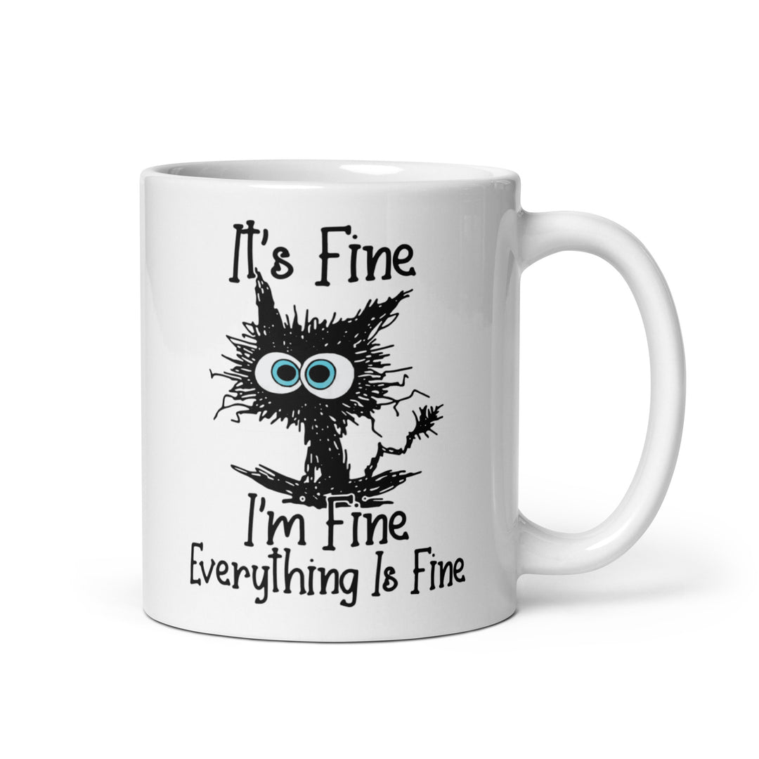 Funny Satire Coffee Mug featuring a quirky character and humorous text about being fine
