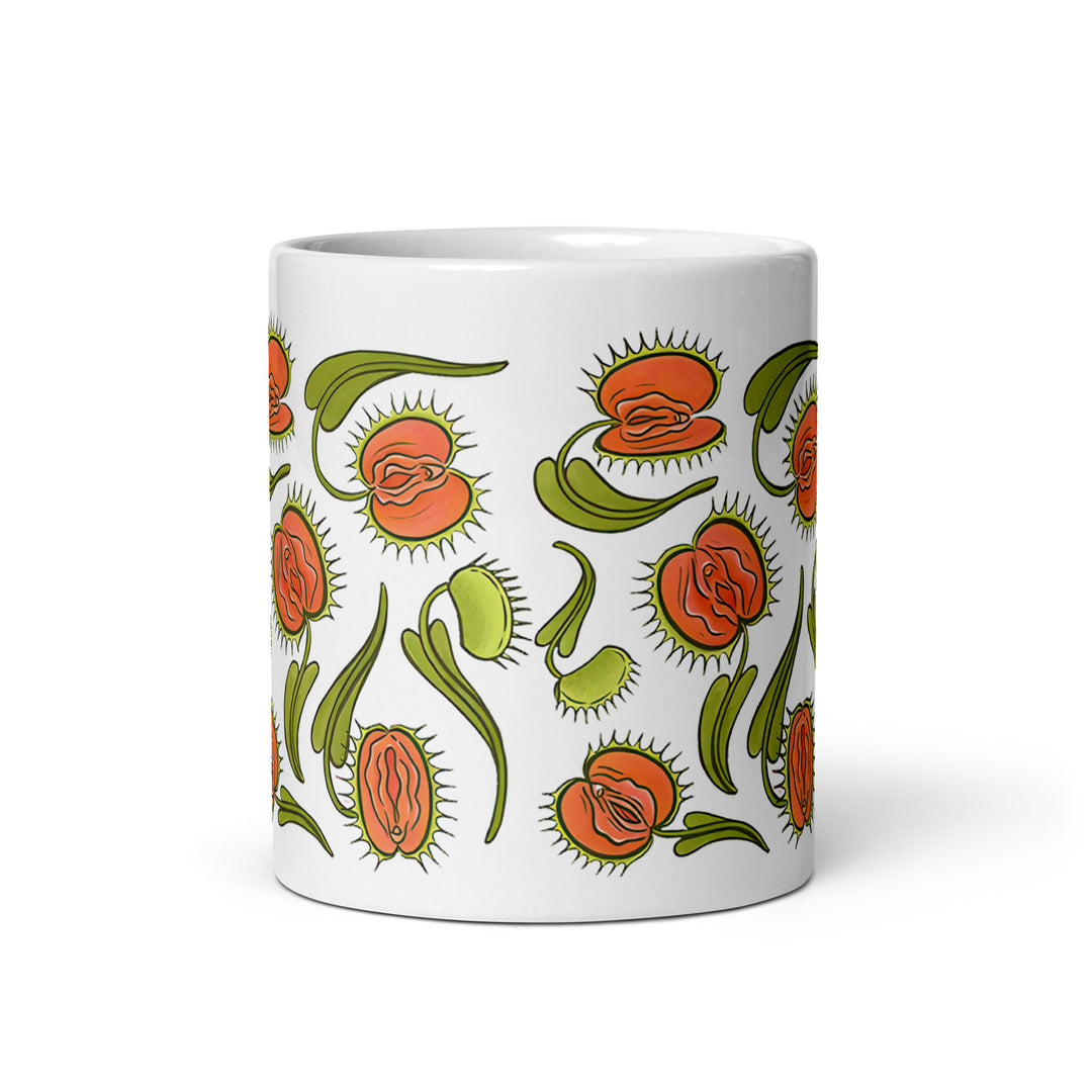 Funny Satire Coffee Mug featuring whimsical floral designs in vibrant colors