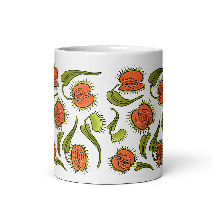 Funny Satire Coffee Mug featuring whimsical floral designs in vibrant colors