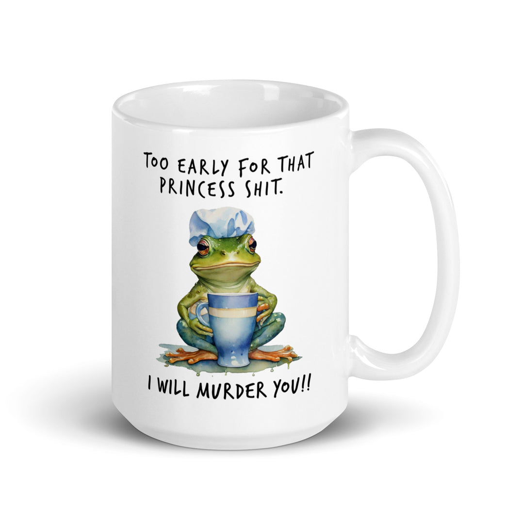 Funny Satire Coffee Mug featuring a frog with a cup and humorous quote about morning impatience