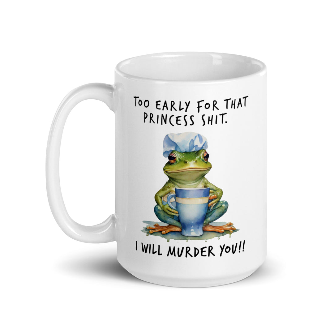 Funny Satire Coffee Mug featuring a frog with a humorous quote about mornings