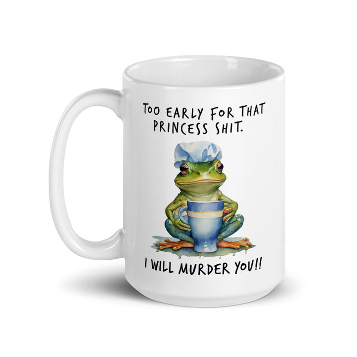Funny Satire Coffee Mug featuring a frog with a humorous quote about mornings