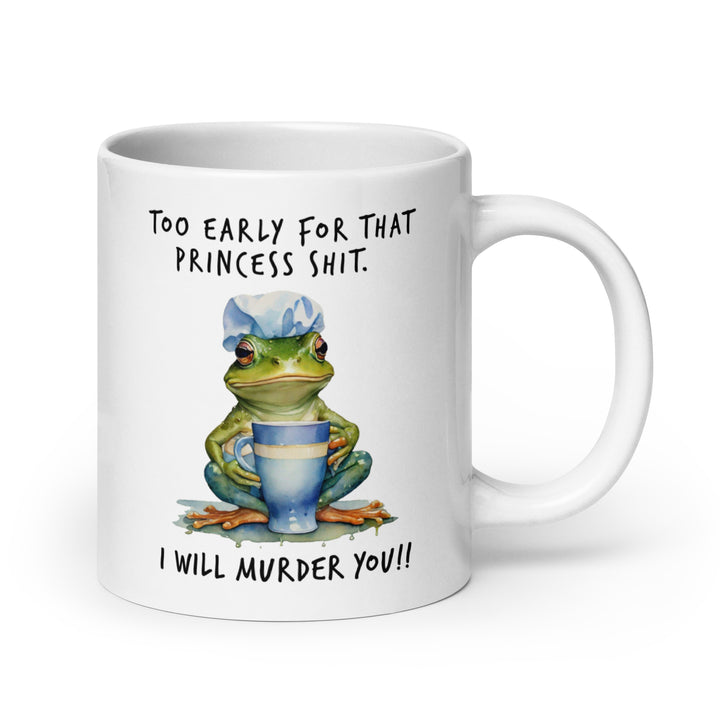 Funny Satire Coffee Mug featuring a frog in a chef hat with humorous text for coffee lovers