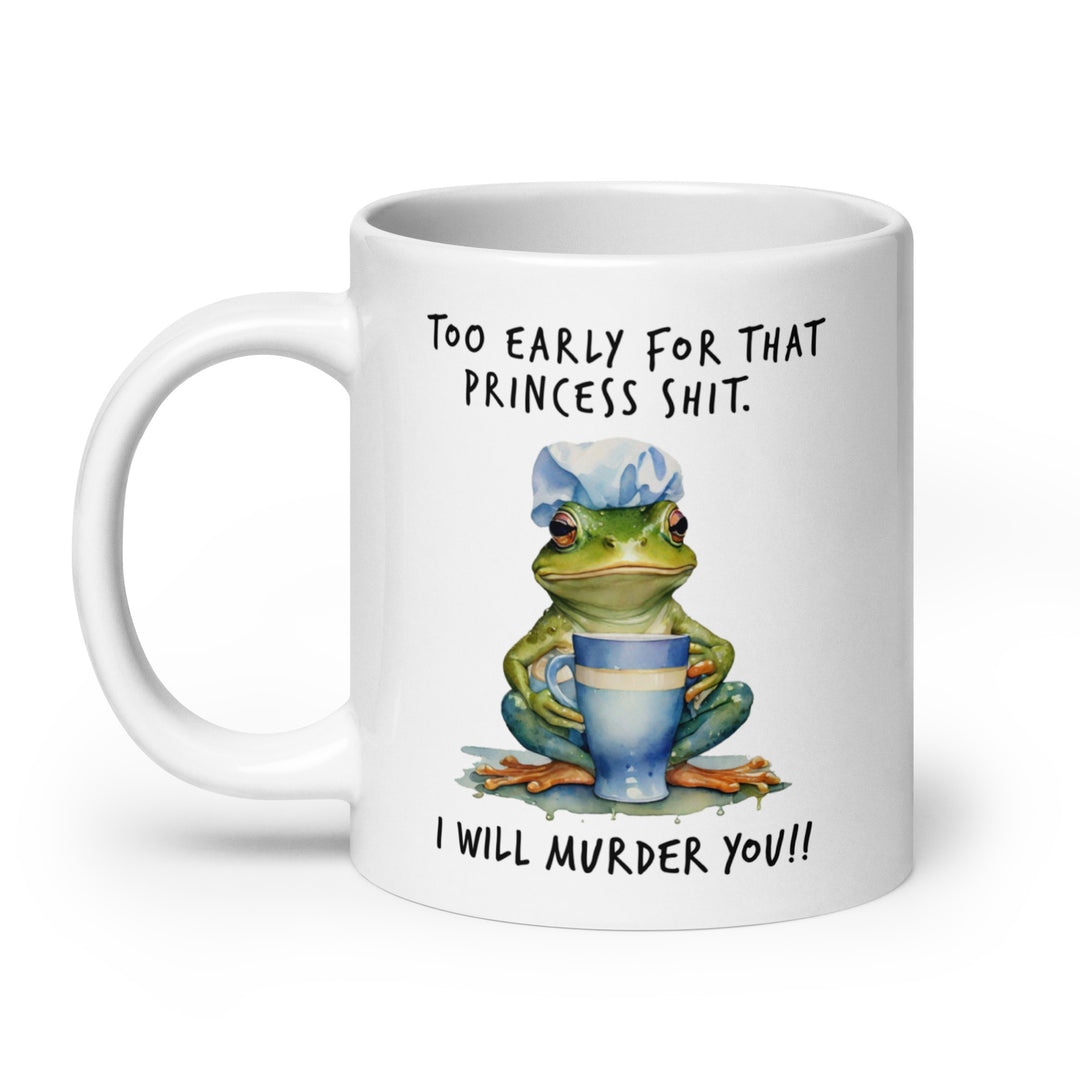 Funny Satire Coffee Mug featuring a frog with a cup and humorous text about morning motivation