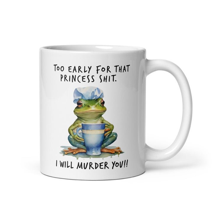 Funny Satire Coffee Mug featuring a frog with a threatening message for morning coffee lovers