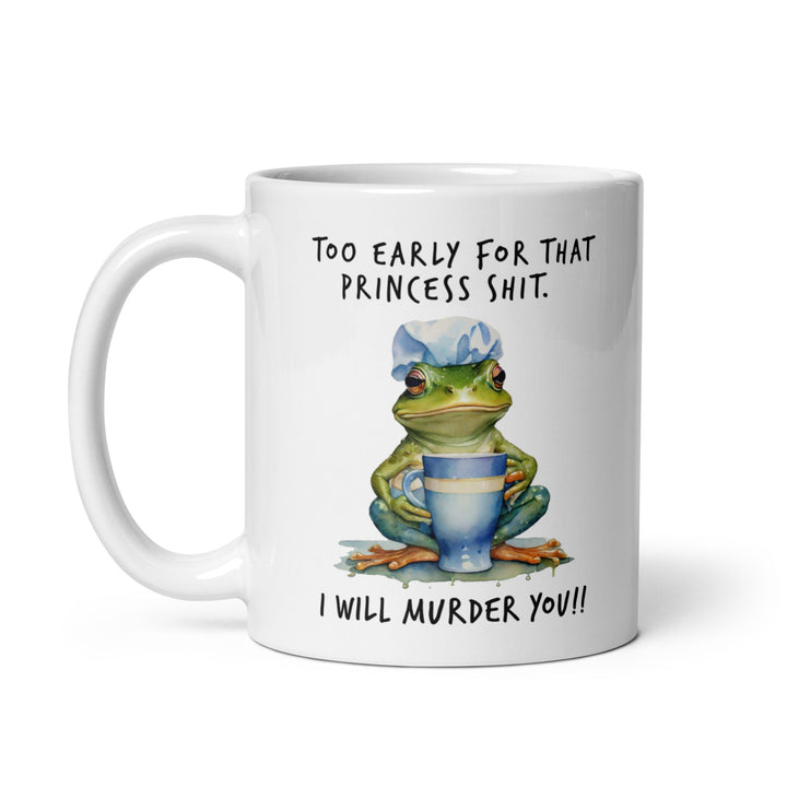 Funny Satire Coffee Mug featuring a frog with a humorous morning quote for coffee lovers