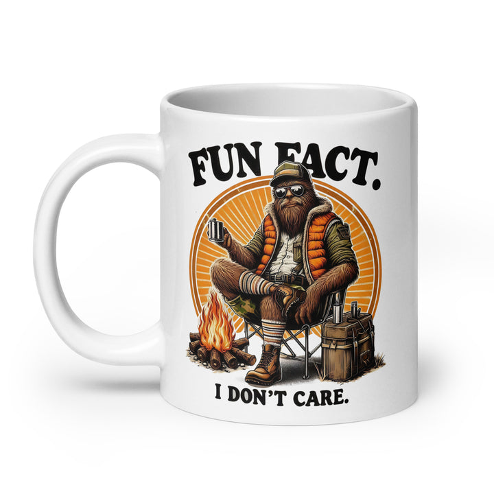 Funny Satire Coffee Mug featuring a relaxed camper with the text Fun Fact. I Don't Care.