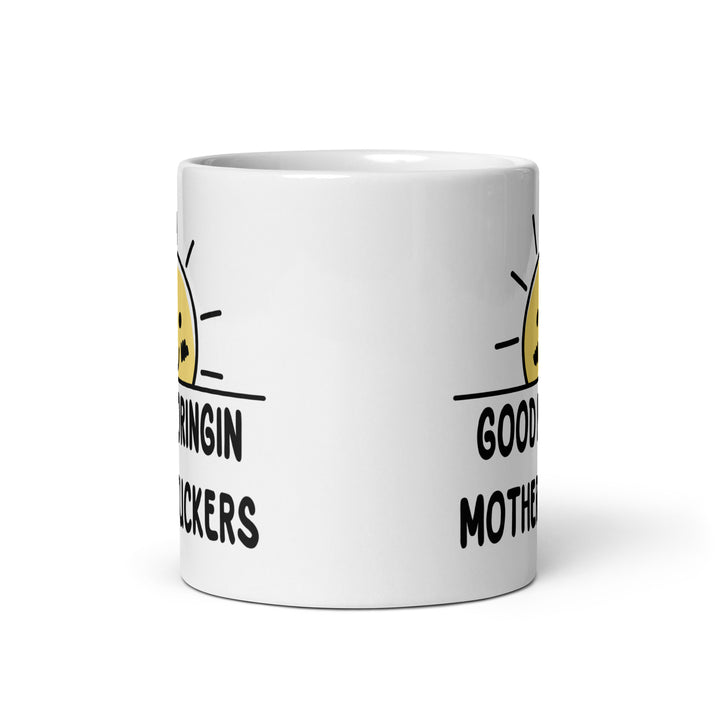 Funny Satire Coffee Mug with humorous text and a smiling sun design for a cheerful morning drink