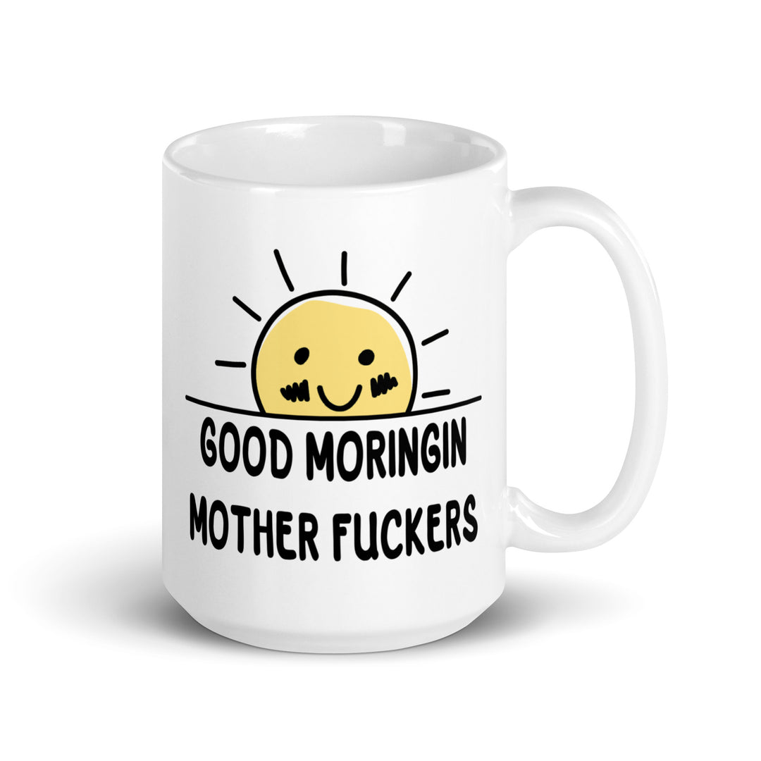 Funny Satire Coffee Mug with a smiling sun design and humorous text for a lighthearted morning vibe