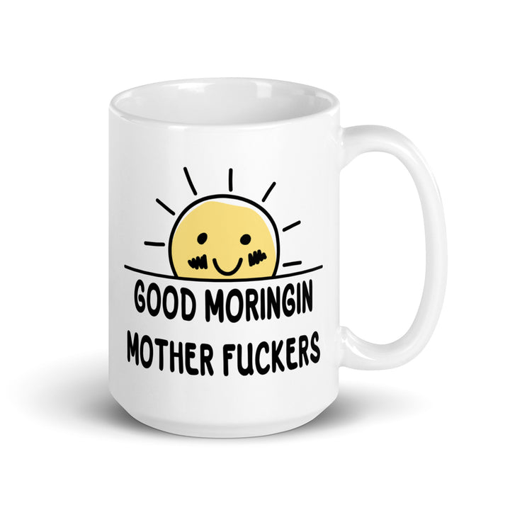Funny Satire Coffee Mug with a smiling sun design and humorous text for a lighthearted morning vibe