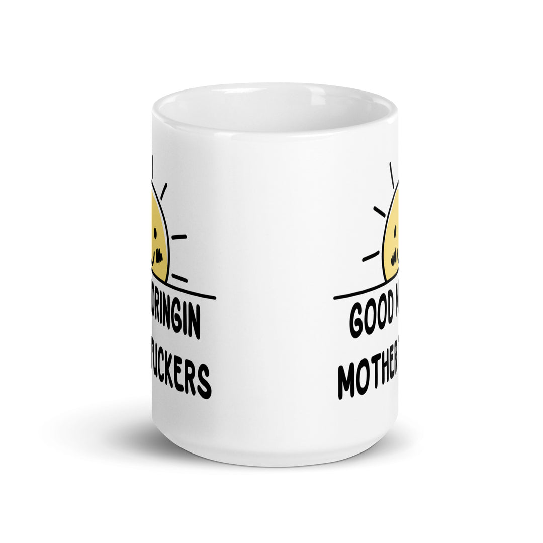Funny Satire Coffee Mug with cheerful sun design and humorous text for coffee lovers