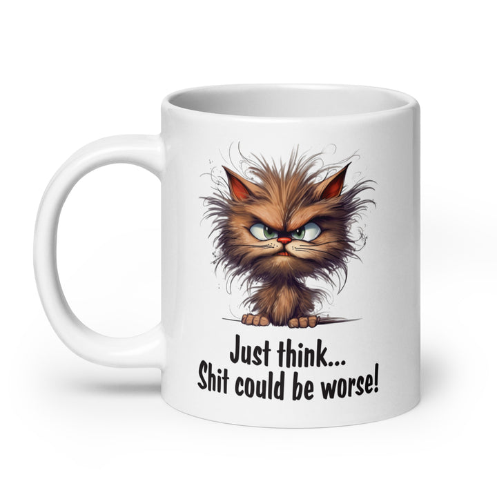 Funny Satire Coffee Mug featuring a playful angry cat image with a humorous quote