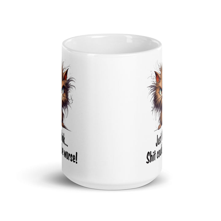Funny Satire Coffee Mug with a humorous cat design and witty text for laughs during coffee breaks