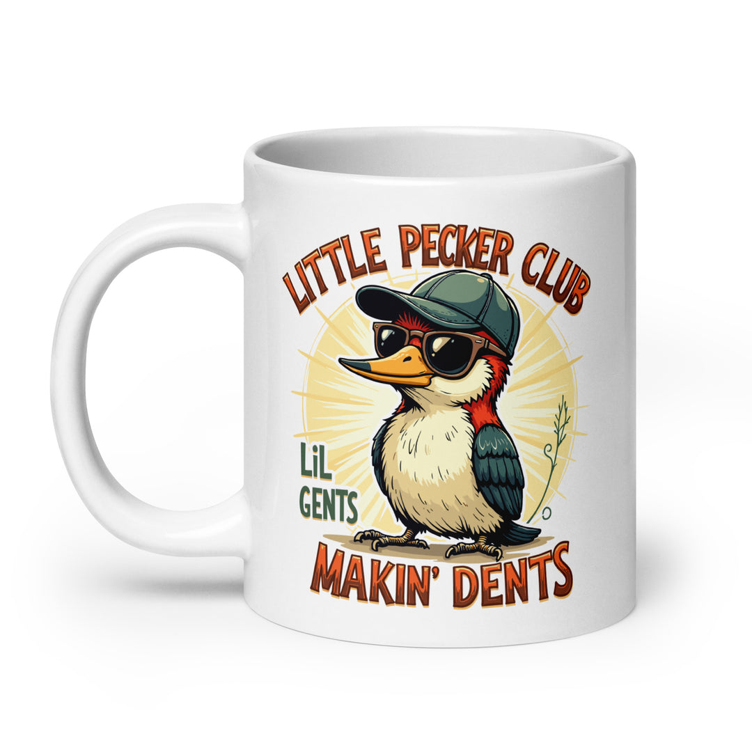 Funny Satire Coffee Mug featuring a cartoon bird with sunglasses and the text Little Pecker Club